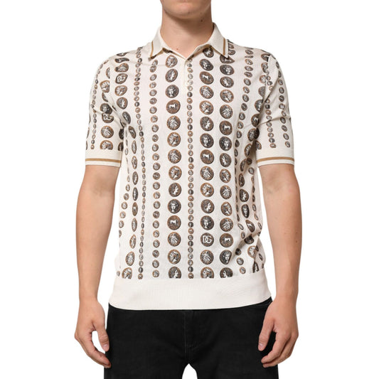 Dolce & Gabbana Silk Ivory Coin Print Logo Men Polo T-shirt, short sleeve, 100% silk, all-over classical coin print, luxury fashion.