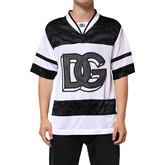 Dolce & Gabbana White Black Polyester DG Logo Mesh Jersey T-shirt with camo details and textured logo patch.