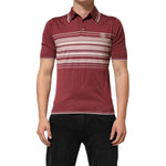 Dolce & Gabbana Cotton Burgundy Striped DG Logo Polo T-shirt on model, short sleeves, premium cotton-silk blend, regular fit.