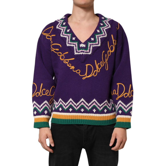 Man wearing Dolce & Gabbana Purple Wool DG Logo Men Knit Pullover Sweater