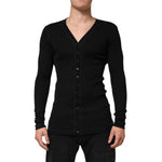 Dolce & Gabbana Black Cotton Button Up Men Cardigan Sweater showcasing sleek design and V-neck style.