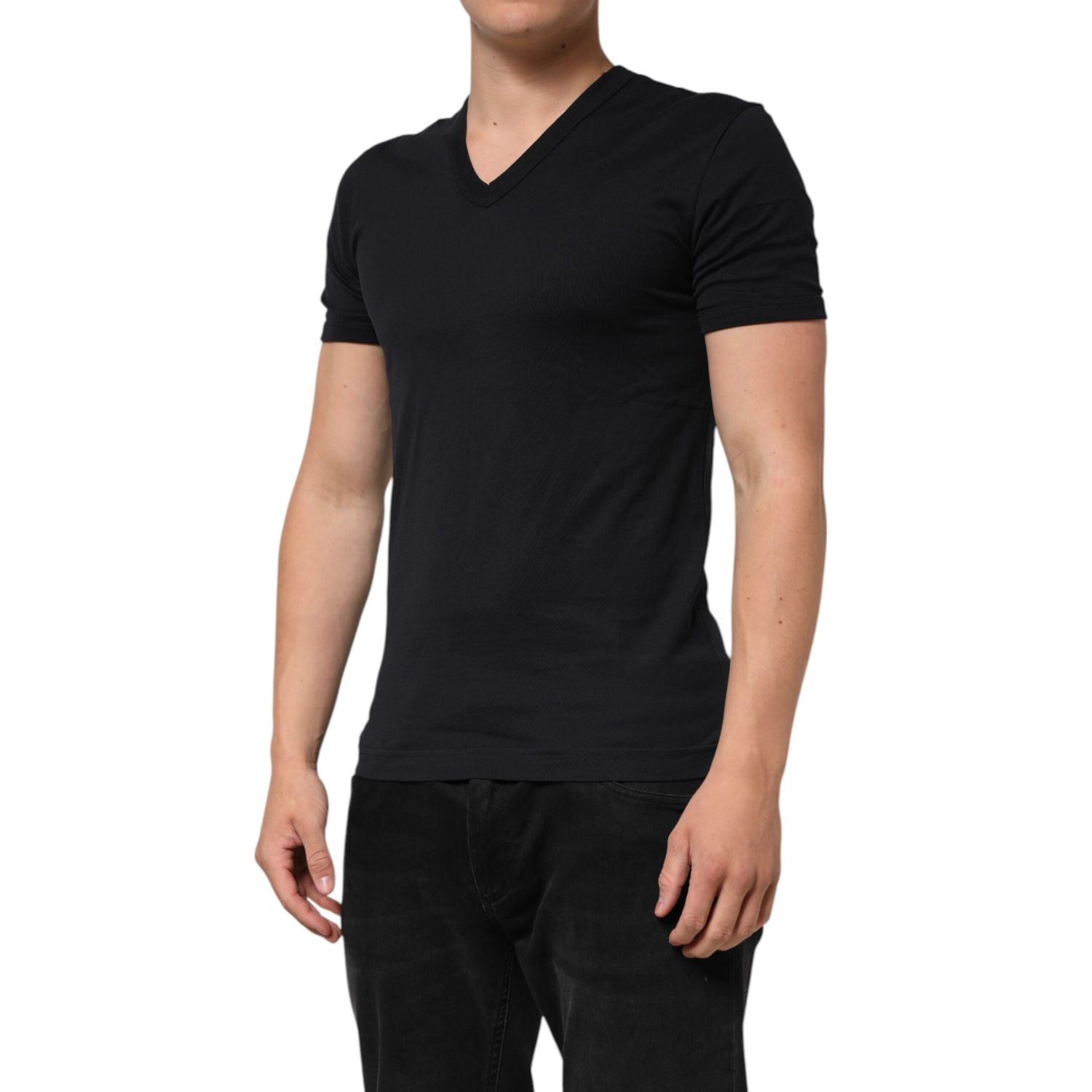Dolce & Gabbana Black Cotton Plain V-Neck Men Shirt T-shirt