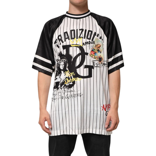 Dolce & Gabbana Tradizione Graffiti Print Oversized Men T-shirt with pinstripe and black raglan sleeves, featuring DG logo graphics.