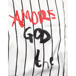Close-up of Dolce & Gabbana Tradizione Graffiti Print Oversized Men T-shirt with "Amore God the" graffiti and pinstripe pattern.