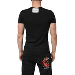 Back view of Dolce & Gabbana Black Cotton Tattered Logo V-Neck Men T-shirt with punched-hole design.