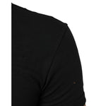 Close-up of Dolce & Gabbana Black Cotton Tattered Logo V-Neck Men T-shirt showcasing punched-hole design on sleeve.