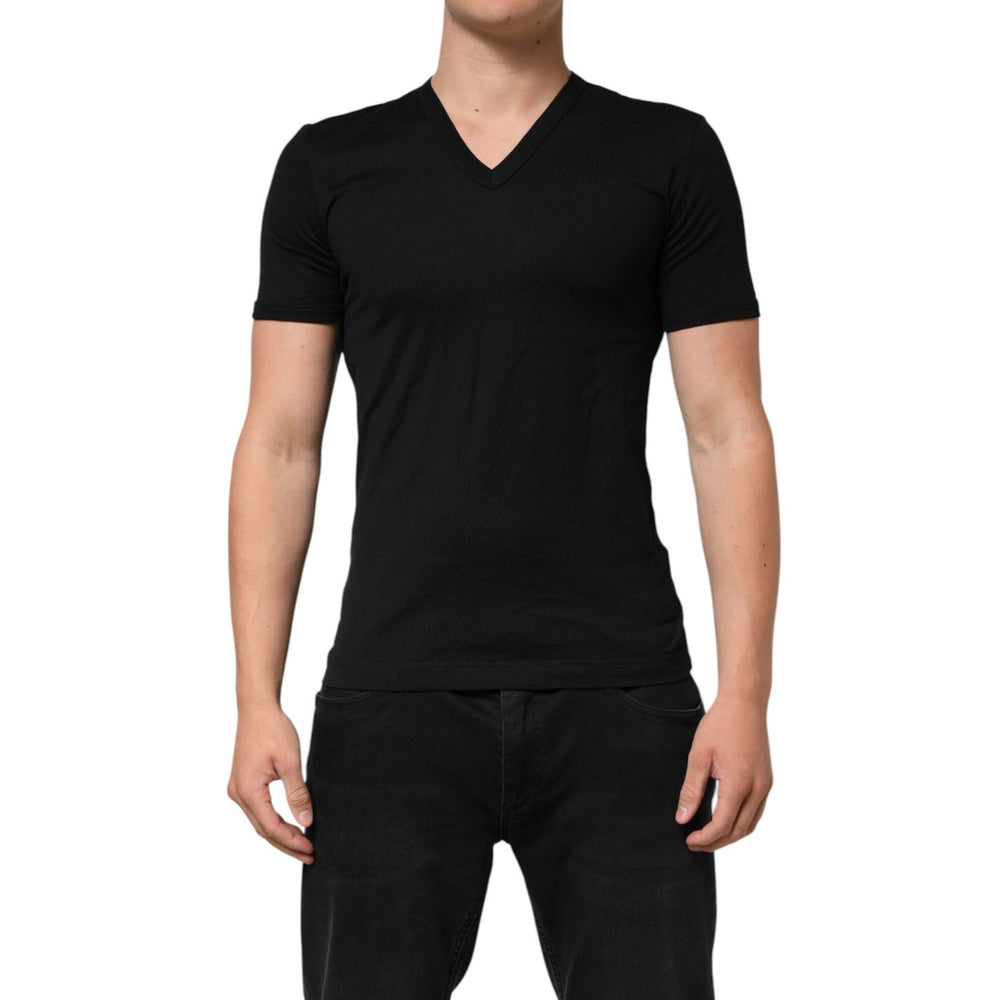 Dolce & Gabbana Black Cotton Plain V-Neck Men Shirt T-shirt featuring short sleeves and regular fit, made in Italy from soft cotton.