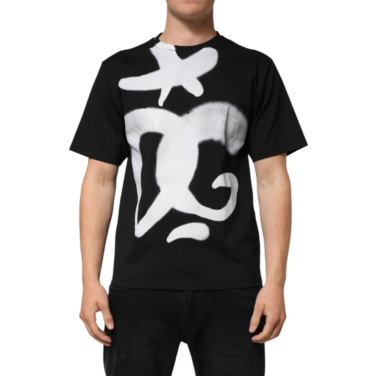 Dolce & Gabbana Black Cotton DG Logo Graffiti Short Sleeve T-shirt with white graffiti-style logo print.
