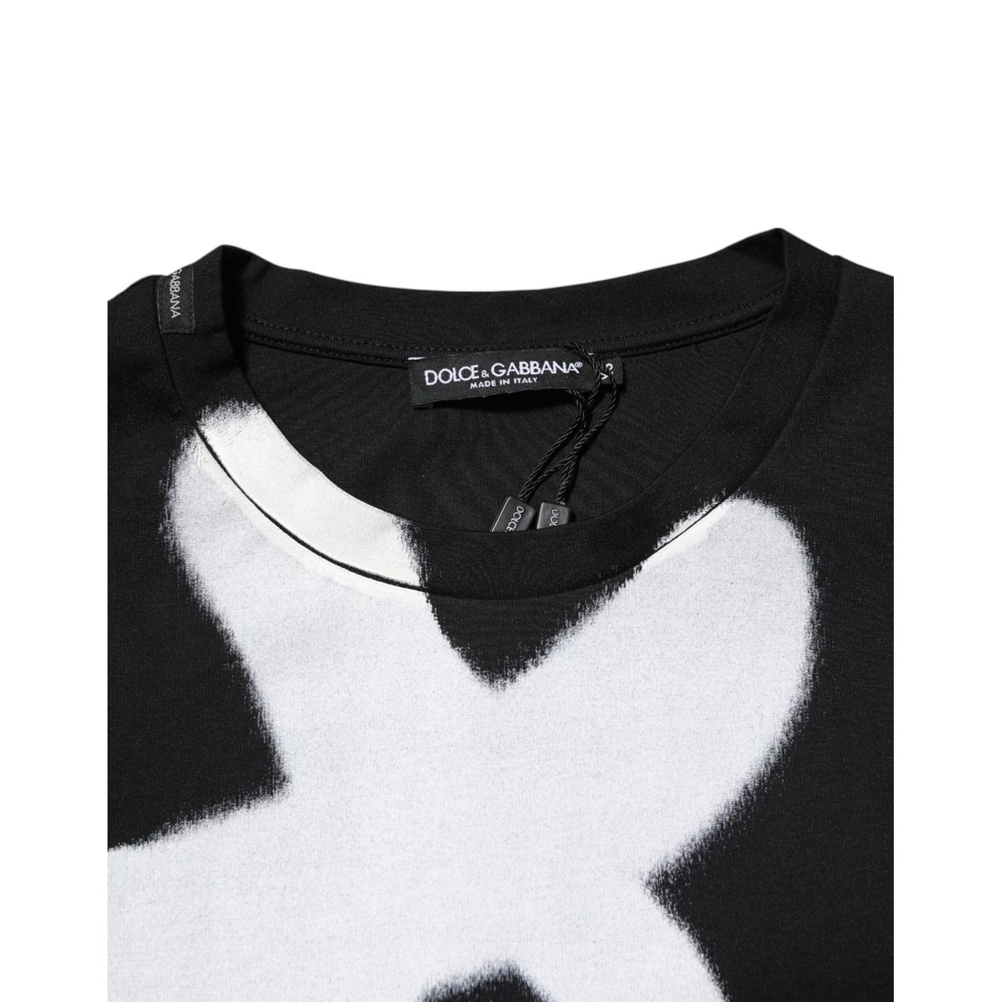 Dolce & Gabbana Black Cotton DG Logo Graffiti Short Sleeve T-shirt with white graffiti logo on black fabric, crewneck detail shown.