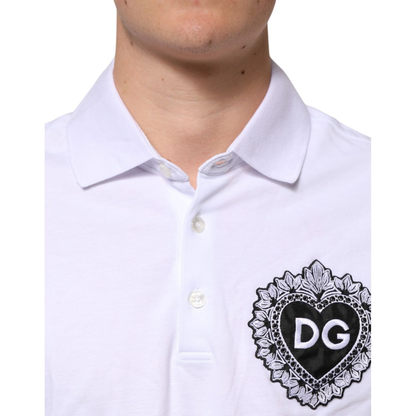 Dolce & Gabbana White Cotton DG Heart Logo Embroider T-shirt with embroidered DG heart logo on chest; stylish white polo shirt.