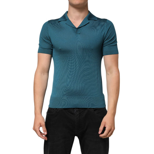 Dolce & Gabbana Teal Blue Silk Collar Short Sleeve Polo T-shirt, luxurious Italian-made shirt with Johnny collar and breathable silk fabric.