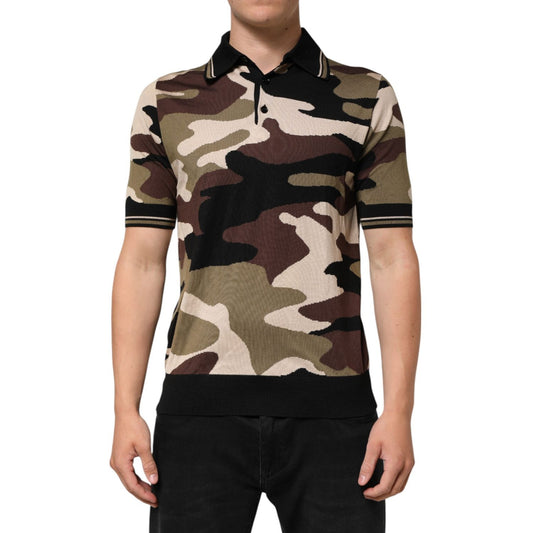 Dolce & Gabbana Camouflage Brown Silk Military Polo T-shirt