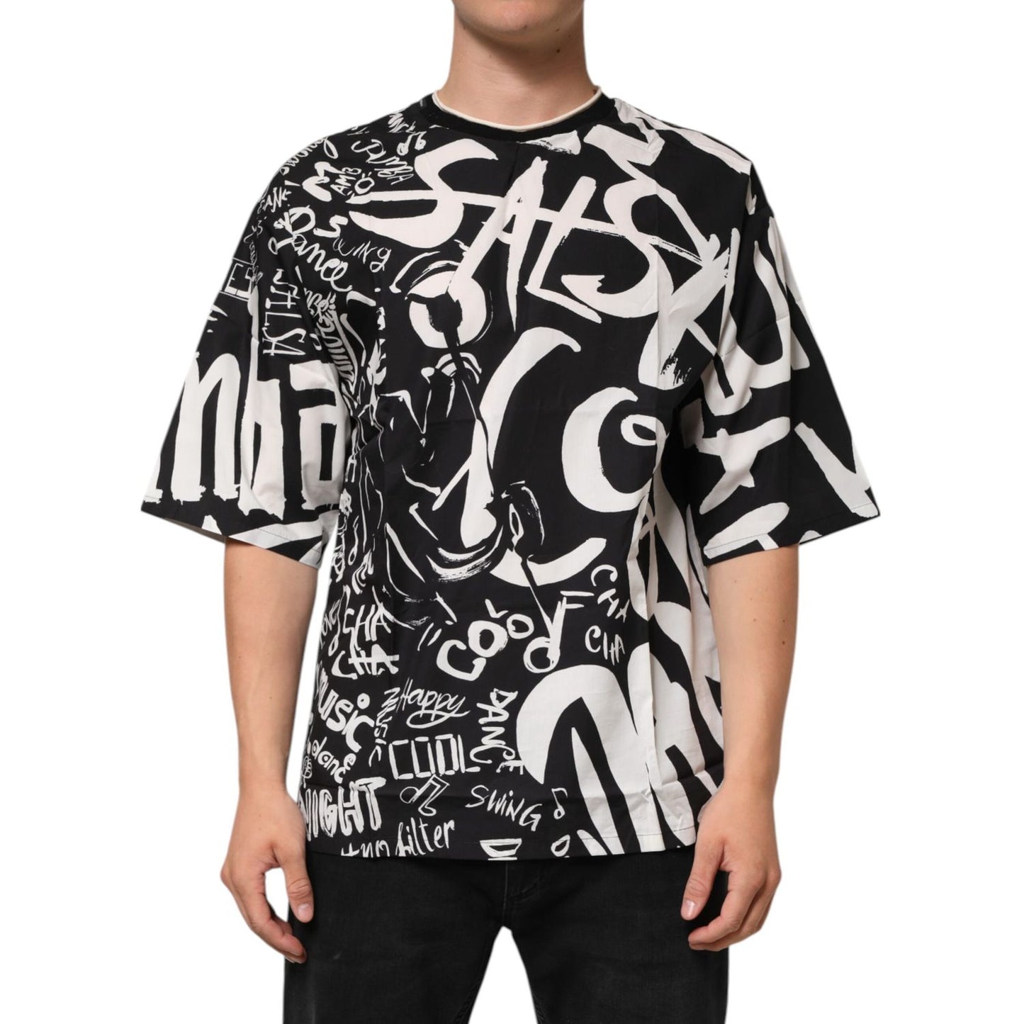 Dolce & Gabbana Black White Cotton Oversized Graffiti T-shirt featuring all-over graffiti print with words 'COOL,' 'SALSA,' 'DANCE.'