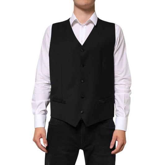 Dolce & Gabbana Black Wool Dress Formal Men Waistcoat Vest worn over white shirt for an elegant look.