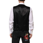 Dolce & Gabbana Black Wool Dress Formal Men Waistcoat Vest with back strap and embroidery detail on jeans.