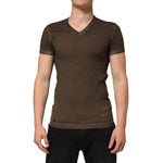 Dolce & Gabbana Dark Brown Cotton Tattered Logo Men T-shirt with V-neck and punched-hole design, shown on male model.