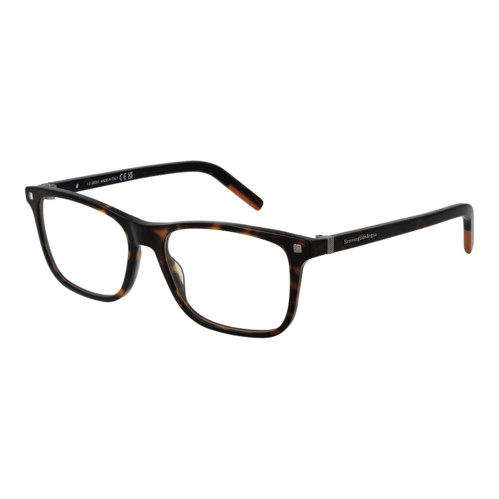 Ermenegildo Zegna Brown Men Glasses Frame in acetate full-rim rectangle style with demo plastic lenses, size 56-17-145.