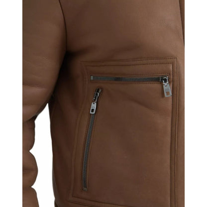 Dolce & Gabbana Brown Leather Fur Button Biker Coat Jacket