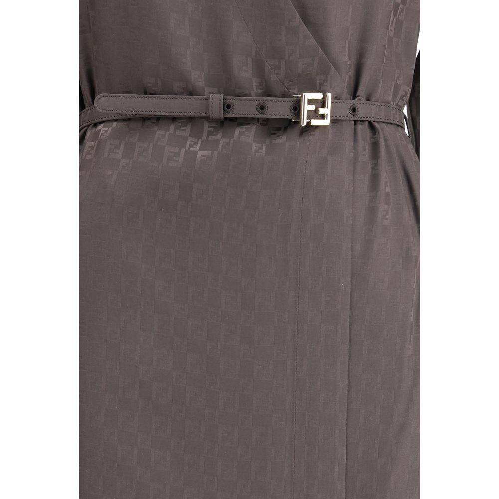 Close-up of Fendi Brown Silk Casual Dress showcasing FF pattern and elegant belt detail.