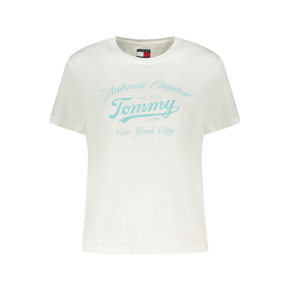 Tommy Hilfiger White Cotton Women T-Shirt with logo print, short-sleeved, sustainable blend of cotton and recycled viscose.