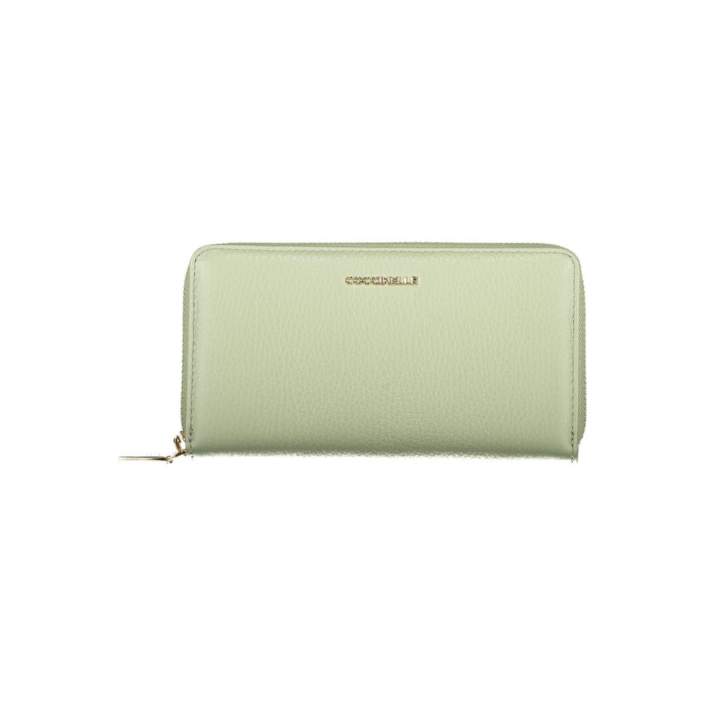 Coccinelle Green Leather Women Wallet, elegant design with five compartments, card spaces, and zip closure, premium leather finish.