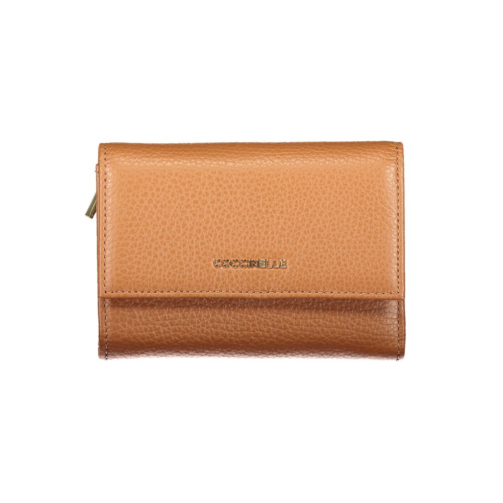 Coccinelle Brown Leather Women Wallet with zip and snap closure, showcasing Italy's craftsmanship and style, featuring iconic logo.