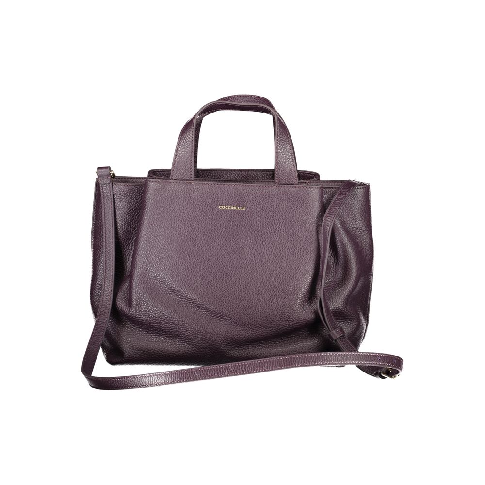 Coccinelle Purple Leather Women Handbag with twin handles and adjustable strap, showcasing elegant and sophisticated design.