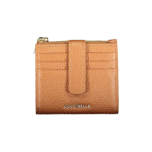 Coccinelle Brown Leather Women Wallet with card slots, zipper coin purse, and elegant tan finish for modern sophistication.