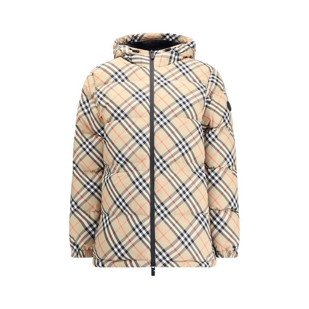 Burberry Beige Polyester Full-Length Jacket with iconic Burberry Check, adjustable hood, double-slider zipper, and side pockets.