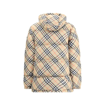 Burberry Beige Polyester Full-Length Jacket in iconic check pattern with adjustable hood and drawstring waist, showcasing classic style.