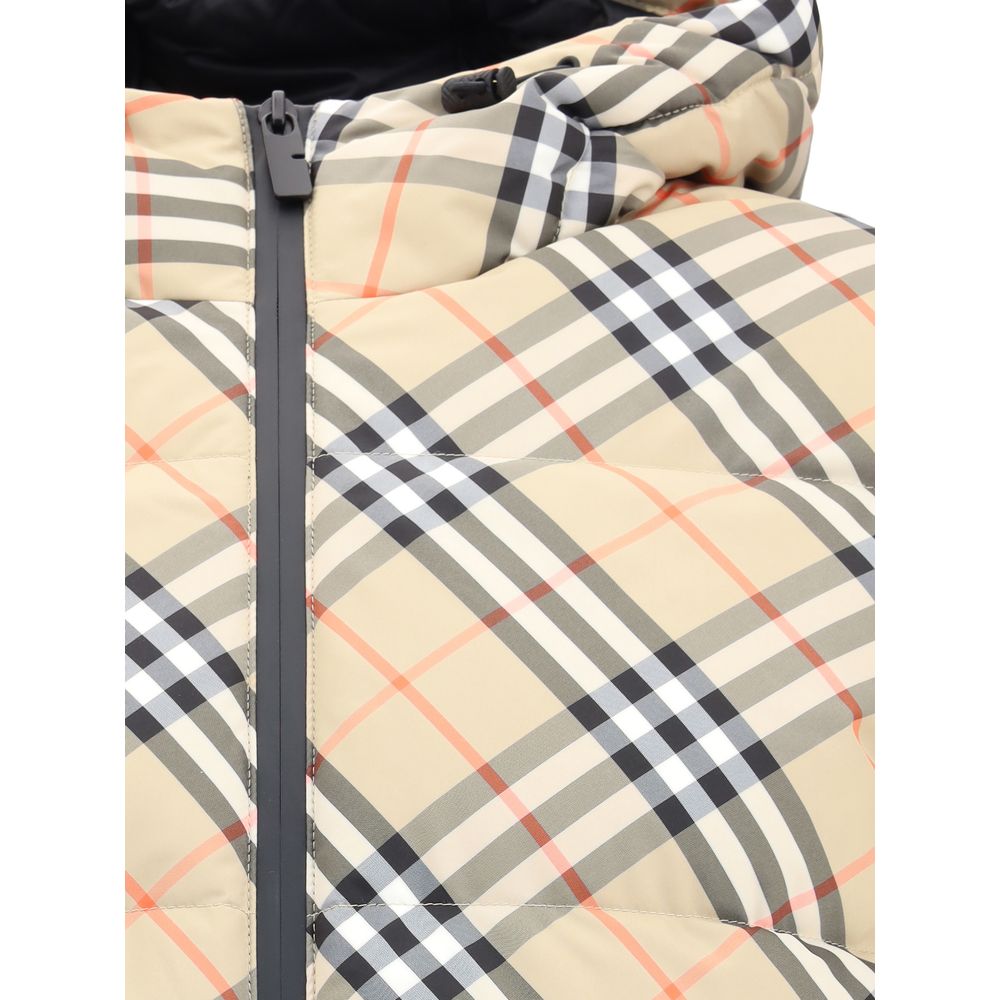 Burberry Beige Polyester Full-Length Jacket showcasing iconic check pattern and hooded design.