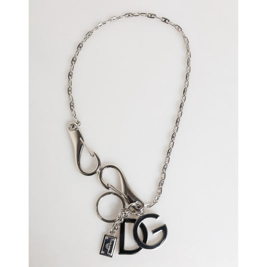 Dolce & Gabbana Silver DG Logo Key Holder Keychain Bag Charm Keyring with black DG logo and silver-tone metal chain.