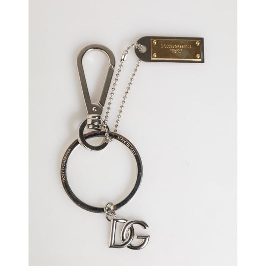 Dolce & Gabbana Silver DG Logo Key Holder Keychain Bag Charm Keyring with metal chain and lobster clasps.
