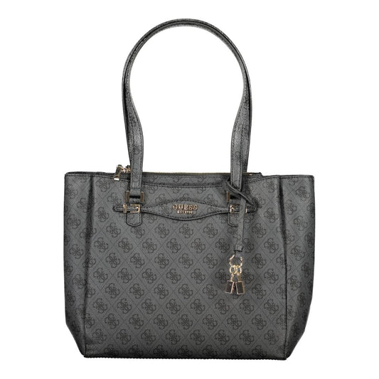 Guess Jeans Black Polyethylene Women Handbag with double handles, three pockets, and signature logo design.