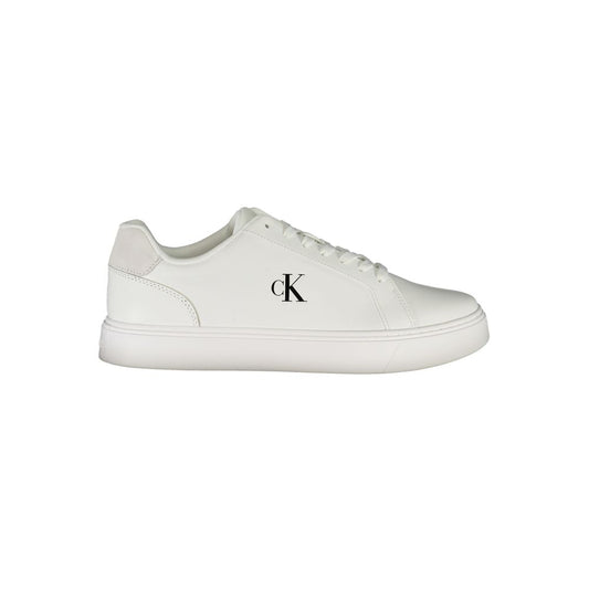 Calvin Klein White Leather Men Sneaker with logo, side view showcasing sleek design and modern style in white.
