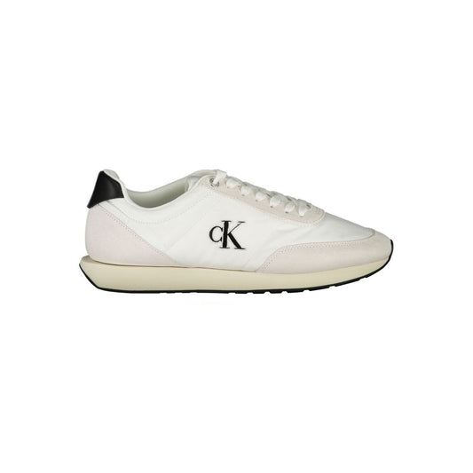Calvin Klein White Polyester Men Sneaker with black accents and logo embroidery, highlighting sustainable design and removable footbed.