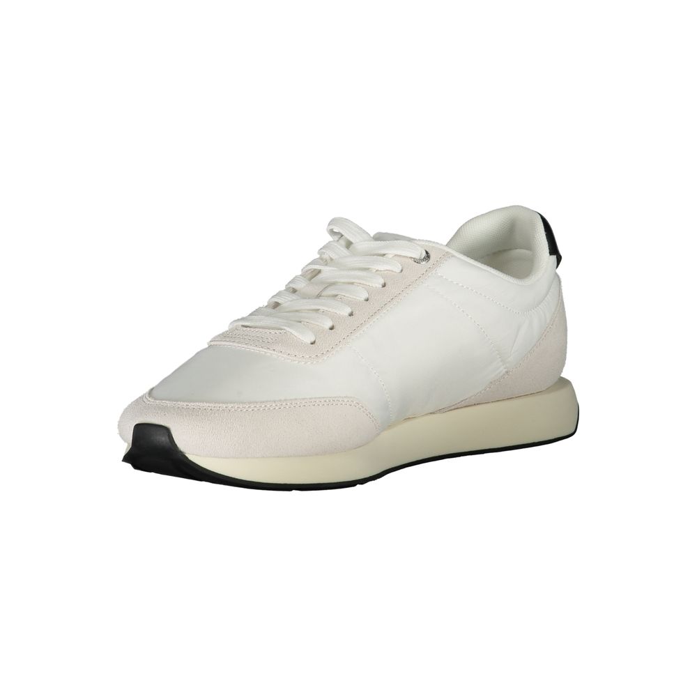 Calvin Klein White Polyester Men Sneaker with black accents and logo embroidery, crafted with 50% recycled materials for contemporary style and comfort.