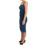 Dolce & Gabbana Blue Mesh Trim Ruched Tulle Sheath Dress