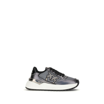 PINKO Gray Fabric Low Top Sneakers with glitter and decorative applique, almond toe, reinforced heel, and durable rubber sole.