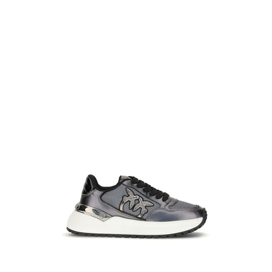 PINKO Gray Fabric Low Top Sneakers with glitter and decorative applique, almond toe, reinforced heel, and durable rubber sole.