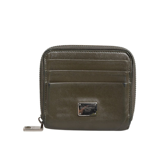 Dolce & Gabbana Military Green Leather Logo Plaque Card Holder Coin Purse Wallet
