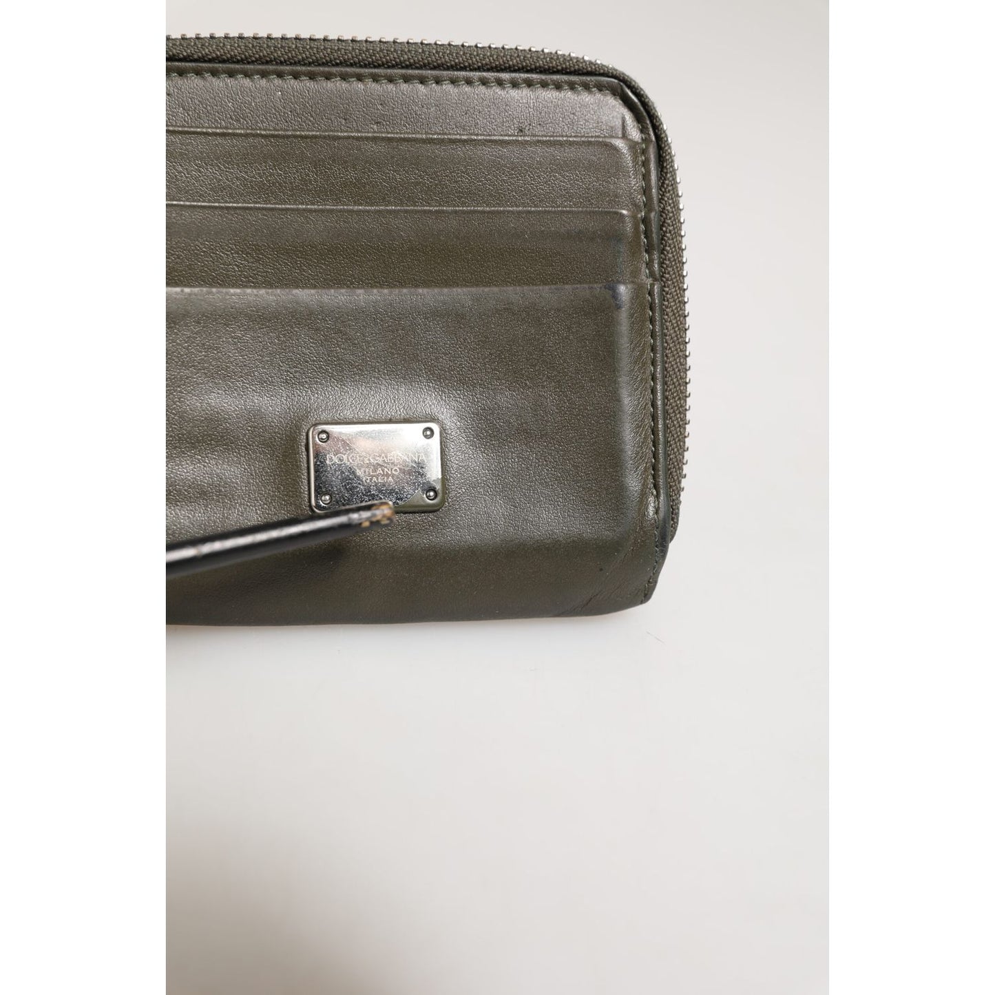 Dolce & Gabbana Military Green Leather Logo Plaque Card Holder Coin Purse Wallet