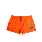 Dolce & Gabbana Orange Polyester Beachwear Men Shorts Swimwear with drawstring waistband, pockets, and logo detail.