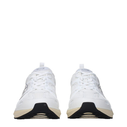 Valentino Garavani White Fabric Athletic Sneakers with lace-up closure, front and side logos, round toe, and rubber sole.