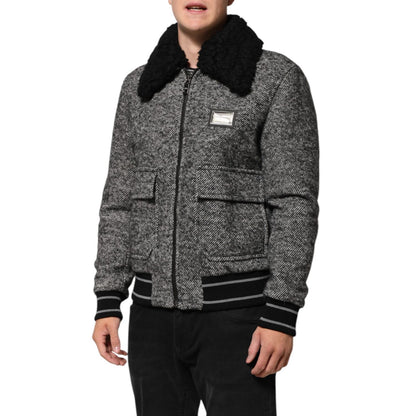 Dolce & Gabbana Gray Wool Herringbone Shearling Collar Bomber Jacket