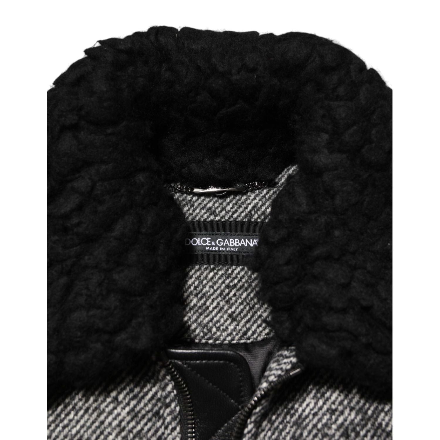 Dolce & Gabbana Gray Wool Herringbone Shearling Collar Bomber Jacket