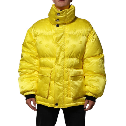 Dolce & Gabbana Yellow Nylon Logo Puffer Bomber Men Jacket in vibrant color with high collar and oversized pockets, front view.