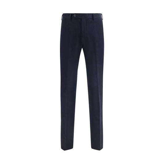 Germano Blue Cotton Chino Pants with mid-rise waist, featuring front zipper, button closure, and multiple pockets for versatile style.