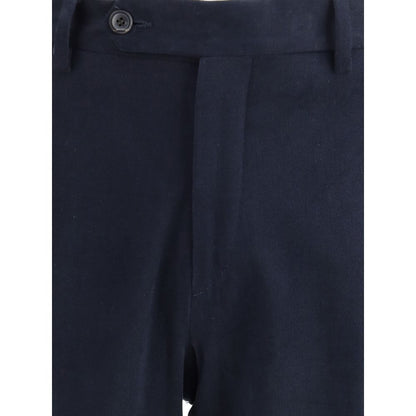 Close-up of Germano Blue Cotton Chino Pants with button closure and belt loops, showcasing velvet texture and elegant design for versatile wear.