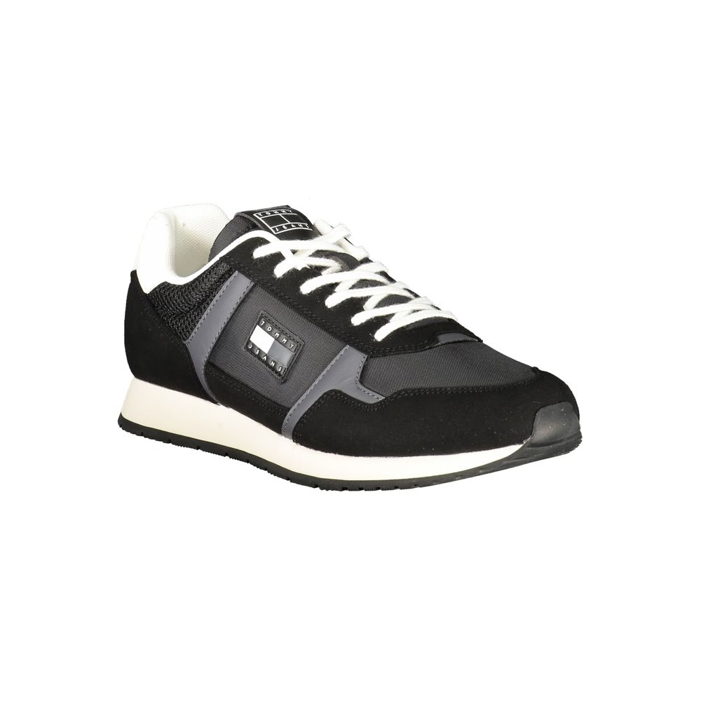 Tommy Hilfiger Black Polyester Men Sneaker with bold contrasting details and logo, designed for comfort with removable footbed.